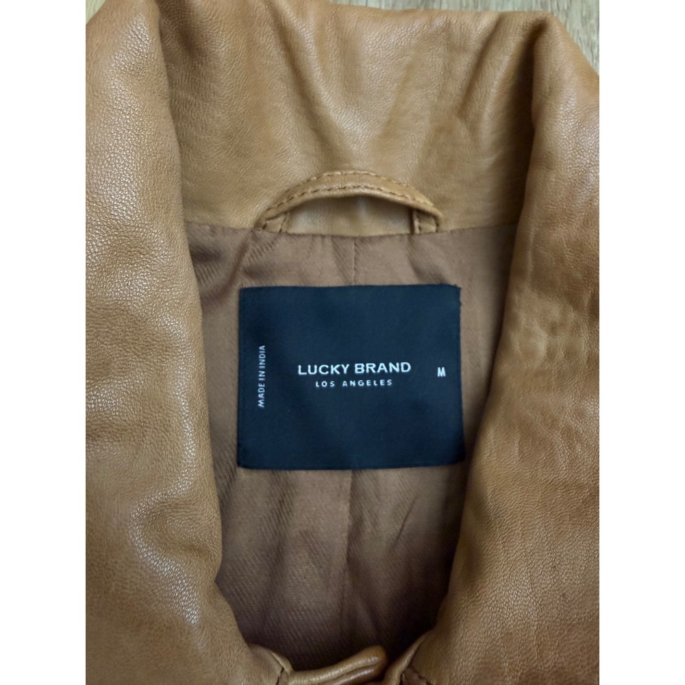 Lucky Brand Tan Brown 100% Lamb Leather Trucker Jacket M $450 retail - Picture 3 of 8